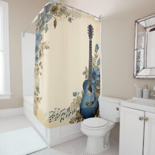 Blue Guitar Music Notes Flowers Shower Curtain