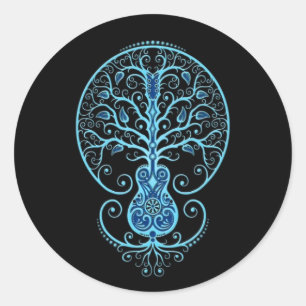 Blue Guitar Tree of Life on Black Classic Round Sticker