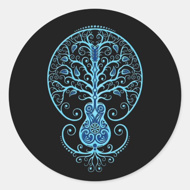 Blue Guitar Tree of Life on Black Classic Round Sticker (Front)
