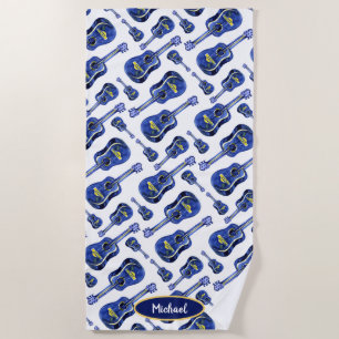 Blue Guitars Pattern Monogram Beach Towel