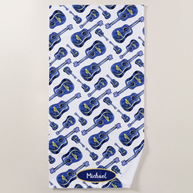 Blue Guitars Pattern Monogram Beach Towel (Front)