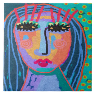 Blue Hair Abstract Digital Portrait of a Woman Tile