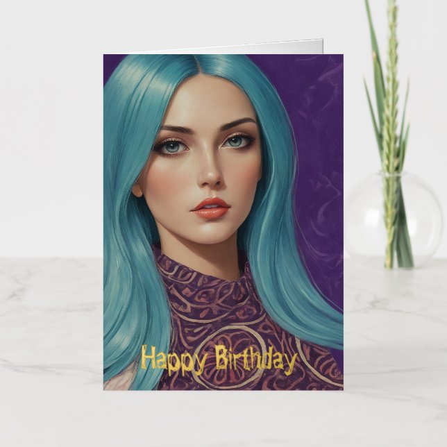 Blue Hair AI foil birthday Foil Greeting Card (Front)