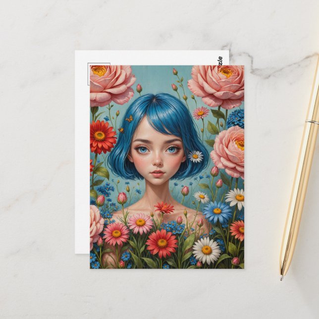 Blue Hair and Flowers Postcard (Front/Back In Situ)