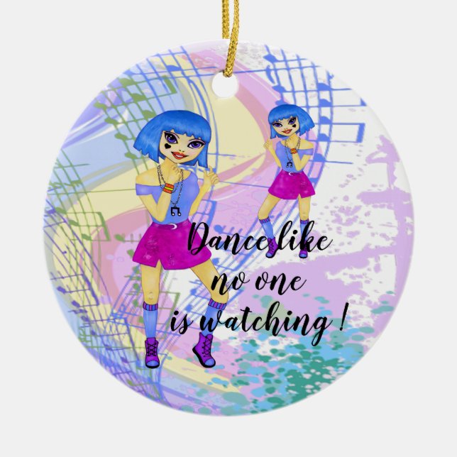 Blue hair fashion manga illustration dancing ceramic tree decoration (Front)