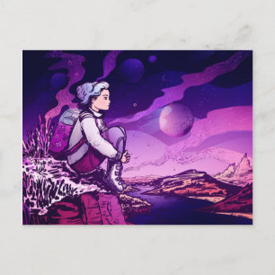Blue Hair Girl Astronaut night Holiday Postcard