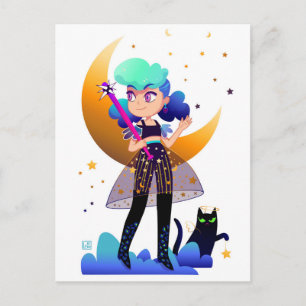 Blue Hair Girl with Black Cat Postcard
