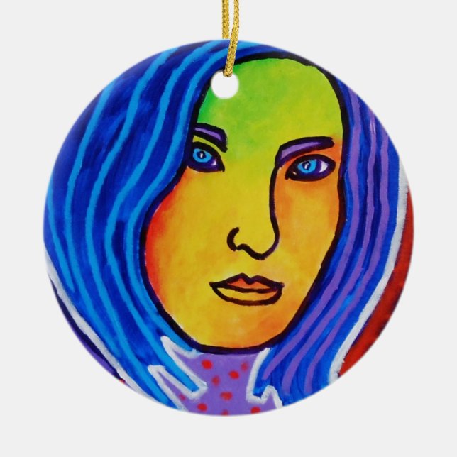 Blue Hair Lady Ceramic Tree Decoration (Front)