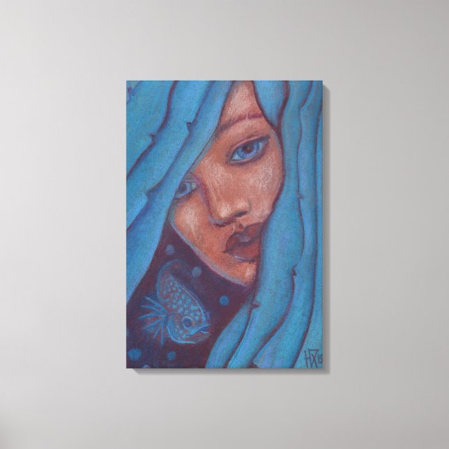 Blue Hair, Mermaid Portrait Fantasy Girl Woman Art Canvas Print (Front)