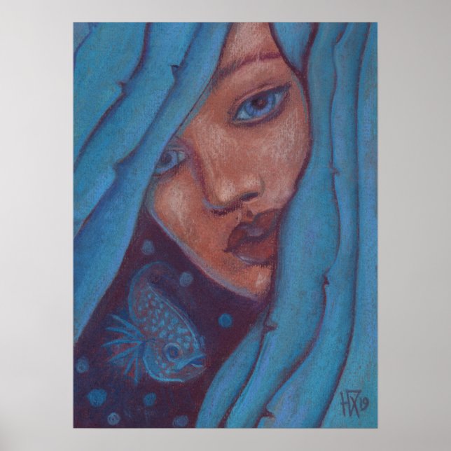Blue Hair, Mermaid Portrait Fantasy Girl Woman Art Poster (Front)