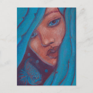 Blue Hair Mermaid Portrait Fantasy Pastel Painting Postcard