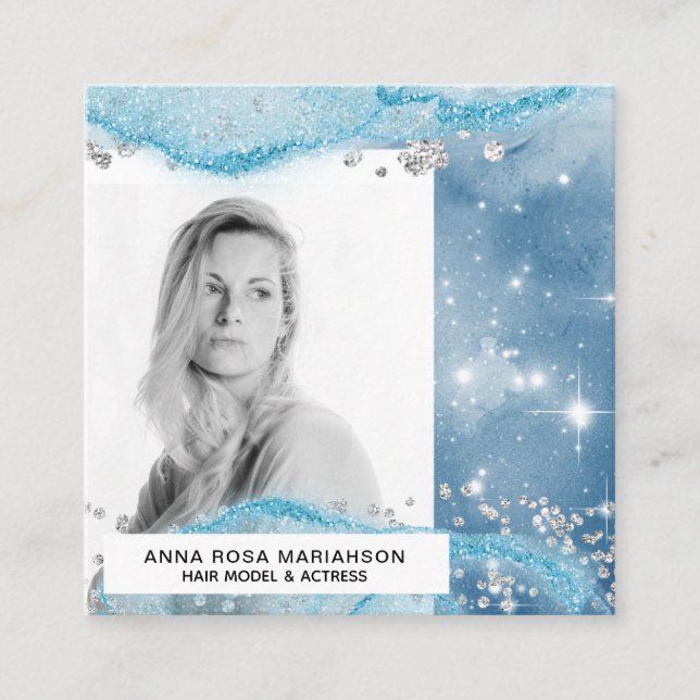 *~* Blue Hair Model Actress Silver Glitter - PHOTO Square Business Card (Front)