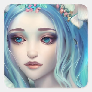 Blue Haired Fairy Fantasy Art Square Sticker