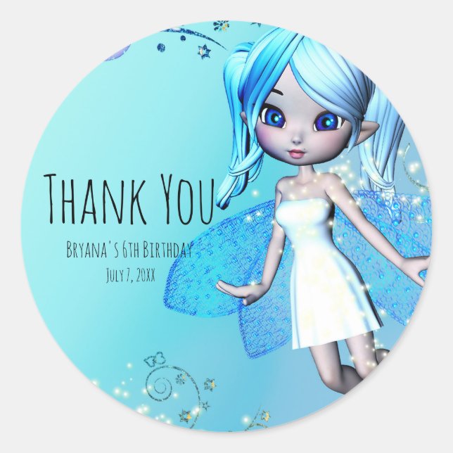 Blue Haired Fairy Girls Birthday Party Favour Classic Round Sticker (Front)