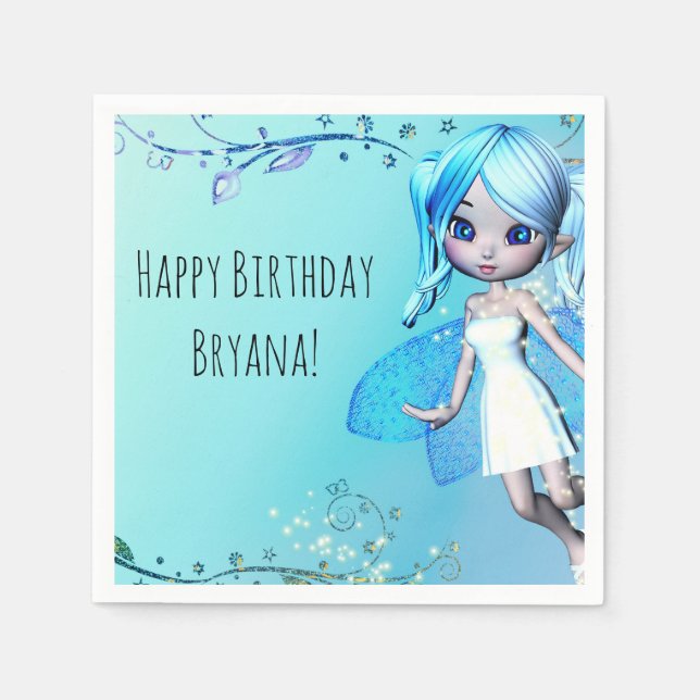 Blue Haired Fairy Girls Birthday Party Napkin (Front)