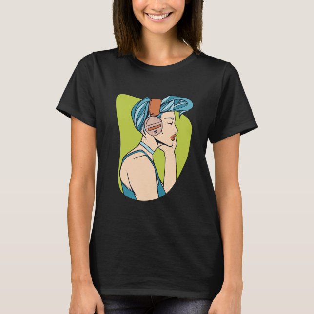 Blue Haired Woman Listens To Music T-Shirt (Front)