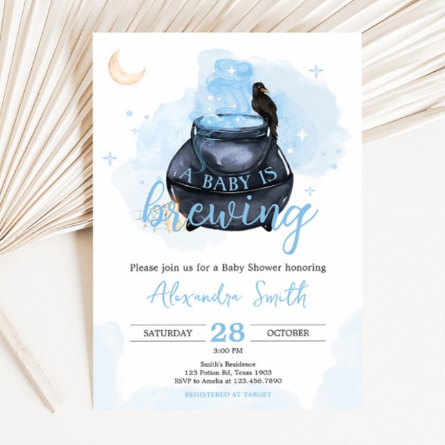 Blue Halloween A Baby is Brewing Baby Shower  Invitation (Blue A Baby is Brewing Baby Shower Invitation)