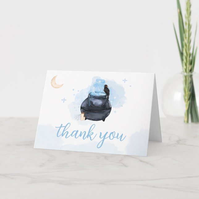 Blue Halloween A Baby is Brewing Baby Shower  Thank You Card (Front)