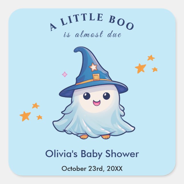 Blue Halloween A Little Boo Baby Shower Square Sticker (Front)