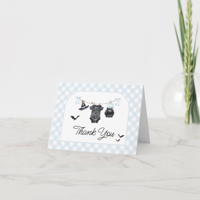 Blue Halloween Baby is Brewing Baby Shower Thank You Card (Front)