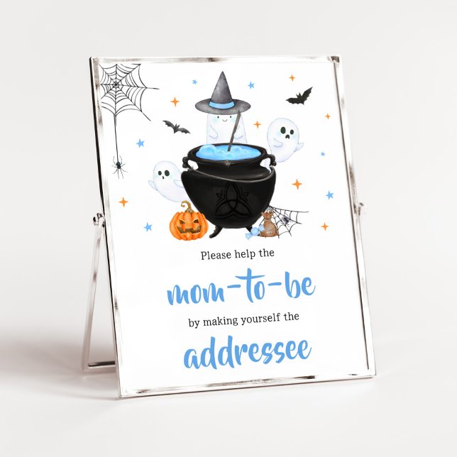Blue Halloween Baby is Brewing Envelope Station Poster (Baby is Brewing Baby Shower Envelope Station Sign)