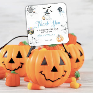 Blue Halloween Baby Shower Ghost Pumpkins Candy Square Sticker