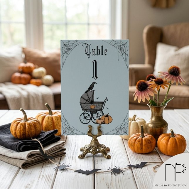 Blue Halloween Baby Shower Table Number (Hand drawn Halloween baby carriage table number with a chic noir aesthetic)