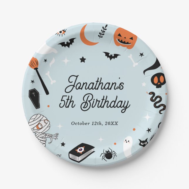 Blue Halloween Birthday Party Boy Paper Plate (Front)