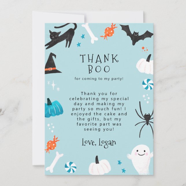 Blue Halloween Birthday Party Thank Boo You Card (Front)
