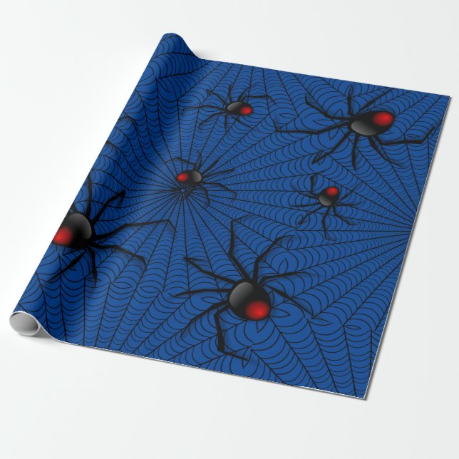 Blue Halloween Evil Black Widow Scary Spider Web Wrapping Paper (Unrolled)
