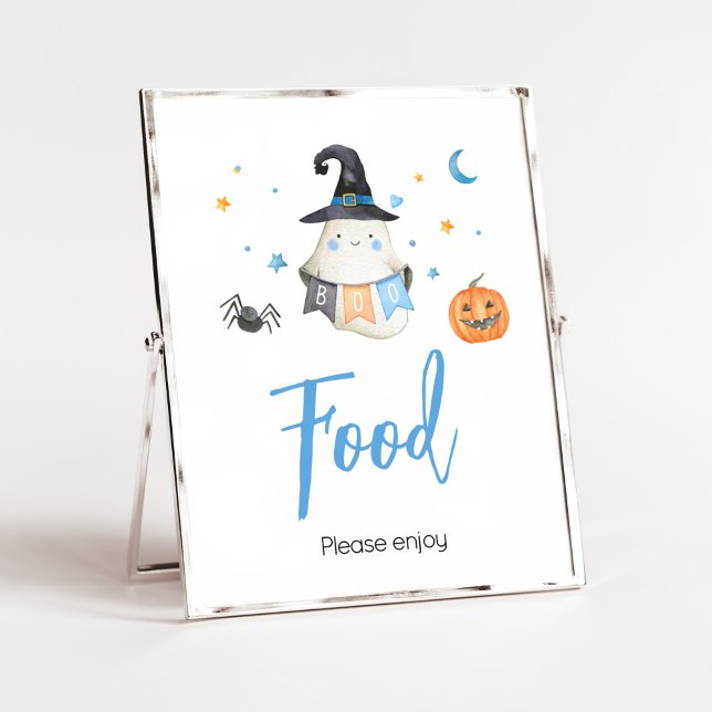 Blue Halloween Ghost Little Boo Baby Shower Food Poster (Little Boo Baby Shower Food Sign)