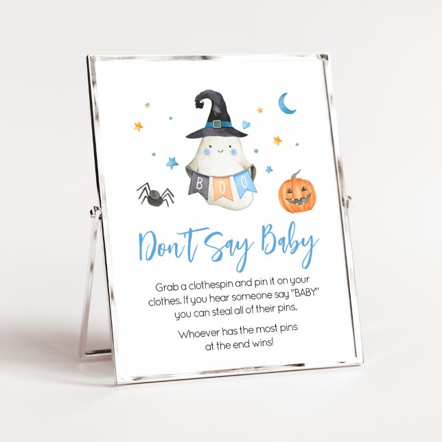 Blue Halloween Ghost Little Boo Don't Say Baby Poster (Little Boo Baby Shower Don't Say Baby Sign)