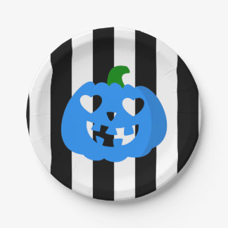 blue halloween heart pumpkin striped paper plate