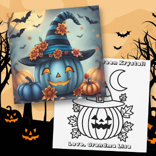 Blue Halloween Pumpkin & Coloring Page Personalize Card