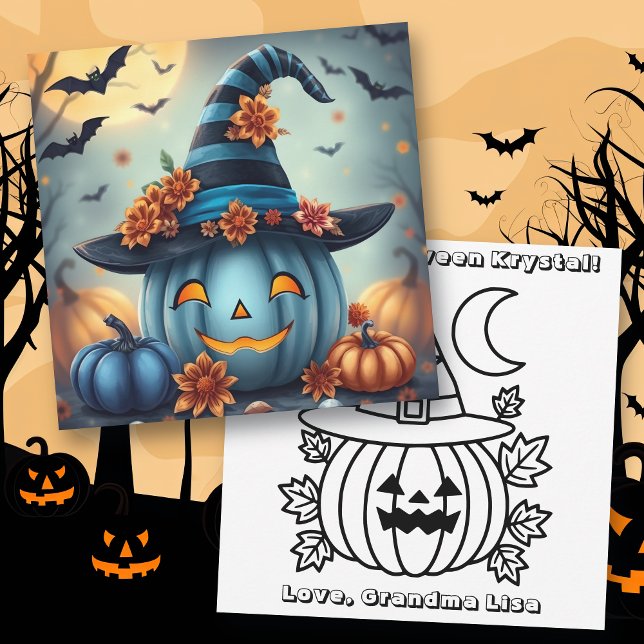 Blue Halloween Pumpkin & Colouring Page Personalis Card (Creator Uploaded)