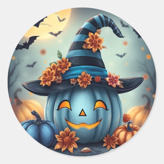 Blue Halloween Pumpkin Jack-o-lantern Classic Round Sticker (Front)