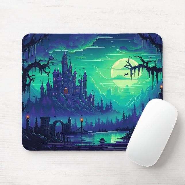 Blue Halloween Spooky Castle Halloween Moon Mouse Mat (With Mouse)