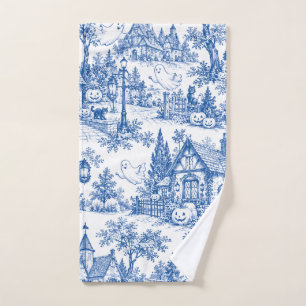 Blue Halloween Village Toile Pattern Ghosts Cats Hand Towel