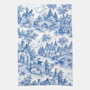 Blue Halloween Village Toile Pattern Ghosts Cats Tea Towel