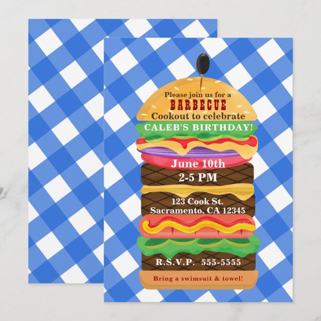 Blue Hamburger Summer Cookout Barbecue Invitations (Front/Back)