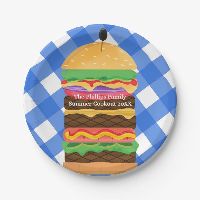 Blue Hamburger Summer Cookout Barbecue Party BBQ Paper Plate (Front)