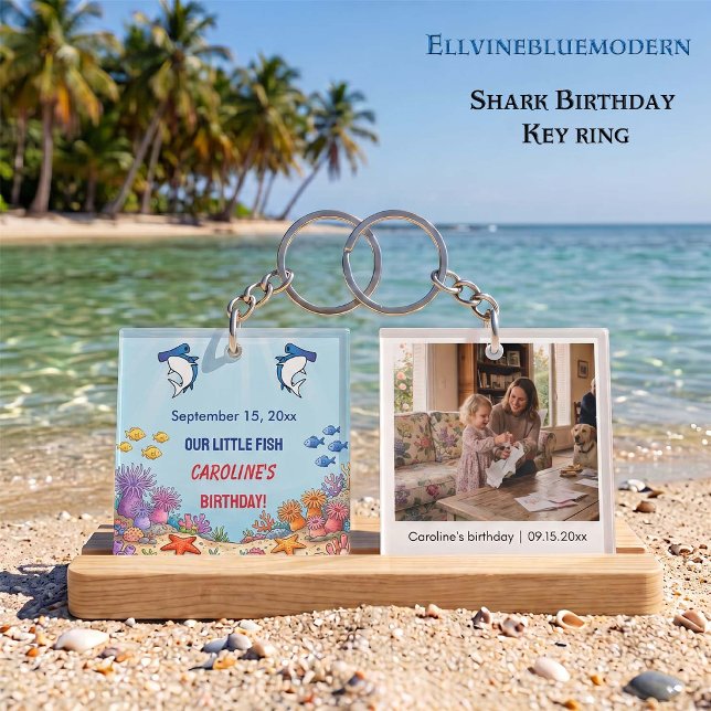 Blue Hammerhead Shark Birthday Custom Photo  Key Ring (Personalized Blue Shark, acrylic keychain with custom photo back. Size: 1.875” x 1.875”)