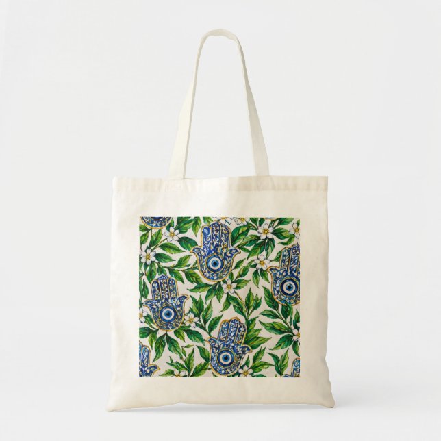 Blue Hamsa Hand of Fatima Floral Pattern Tote Bag (Front)