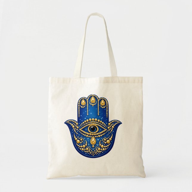Blue Hamsa Hand Tote Bag Gold Evil Eye Canvas Mand (Front)
