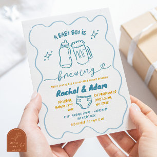 Blue Hand Drawn Baby is Brewing Boy Baby Shower Invitation