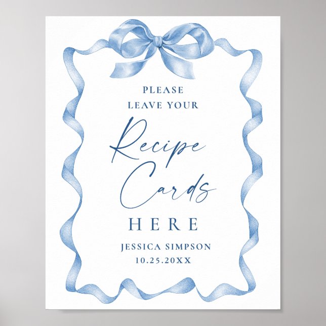 Blue Hand Drawn Bow Bridal Recipe Cards Poster (Front)