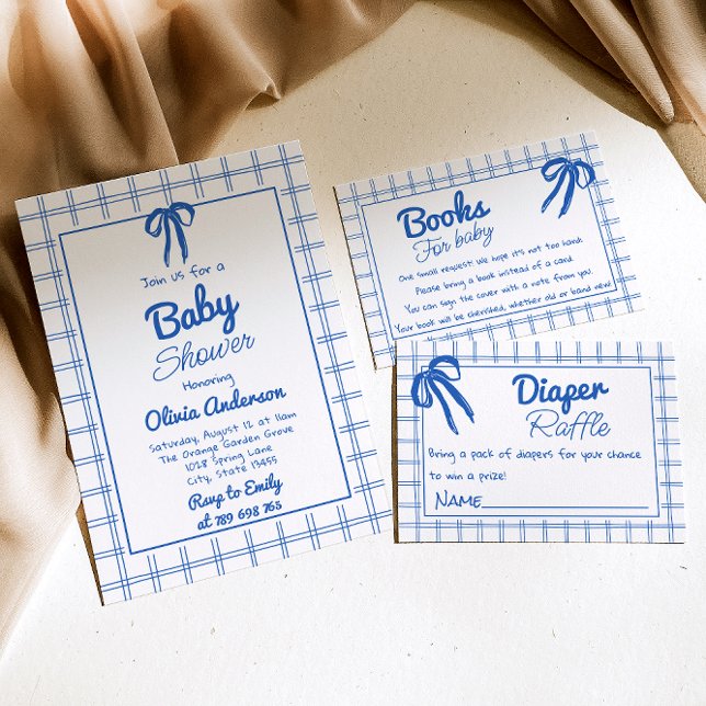 Blue Hand Drawn Bow Gingham Boy Baby Shower Invitation (Creator Uploaded)