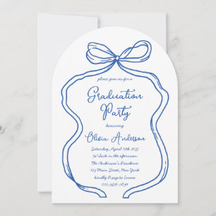 Blue Hand Drawn Bow & Handwriting Graduation Party Invitation
