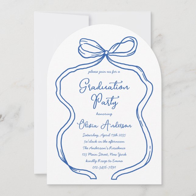 Blue Hand Drawn Bow & Handwriting Graduation Party Invitation (Front)