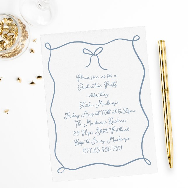 Blue Hand Drawn Bow Photo Graduation Party Invitation (Creator Uploaded)